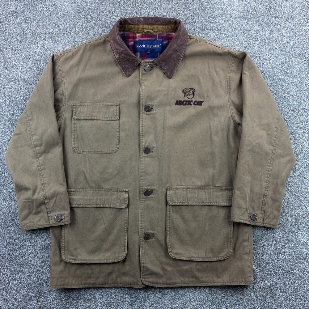 Vintage Arctic Cat Barn Jacket Mens L‎ Brown Canvas Leather Collar Plaid Lined